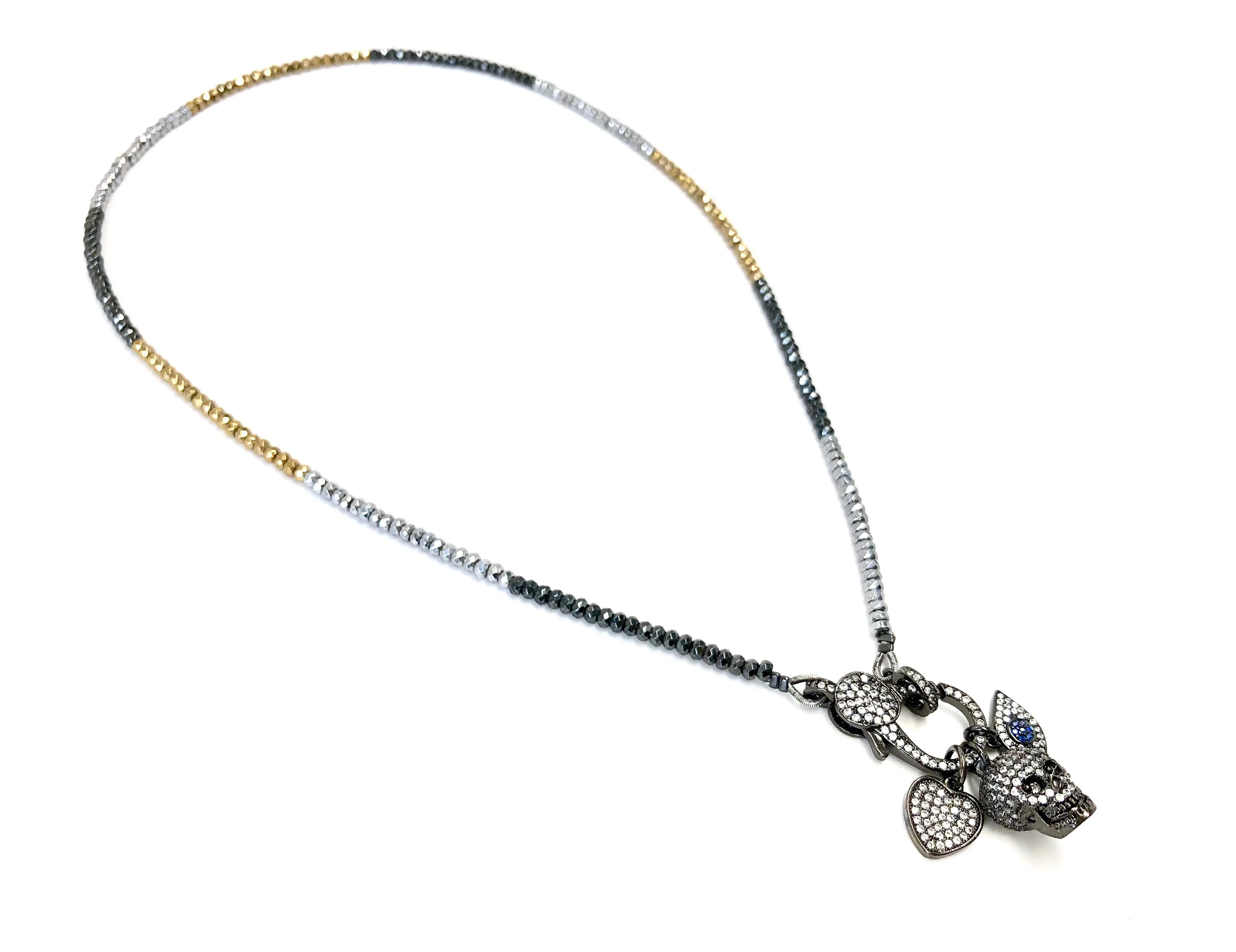 Hanging Charms & Pave Clasp on Hematite Necklace