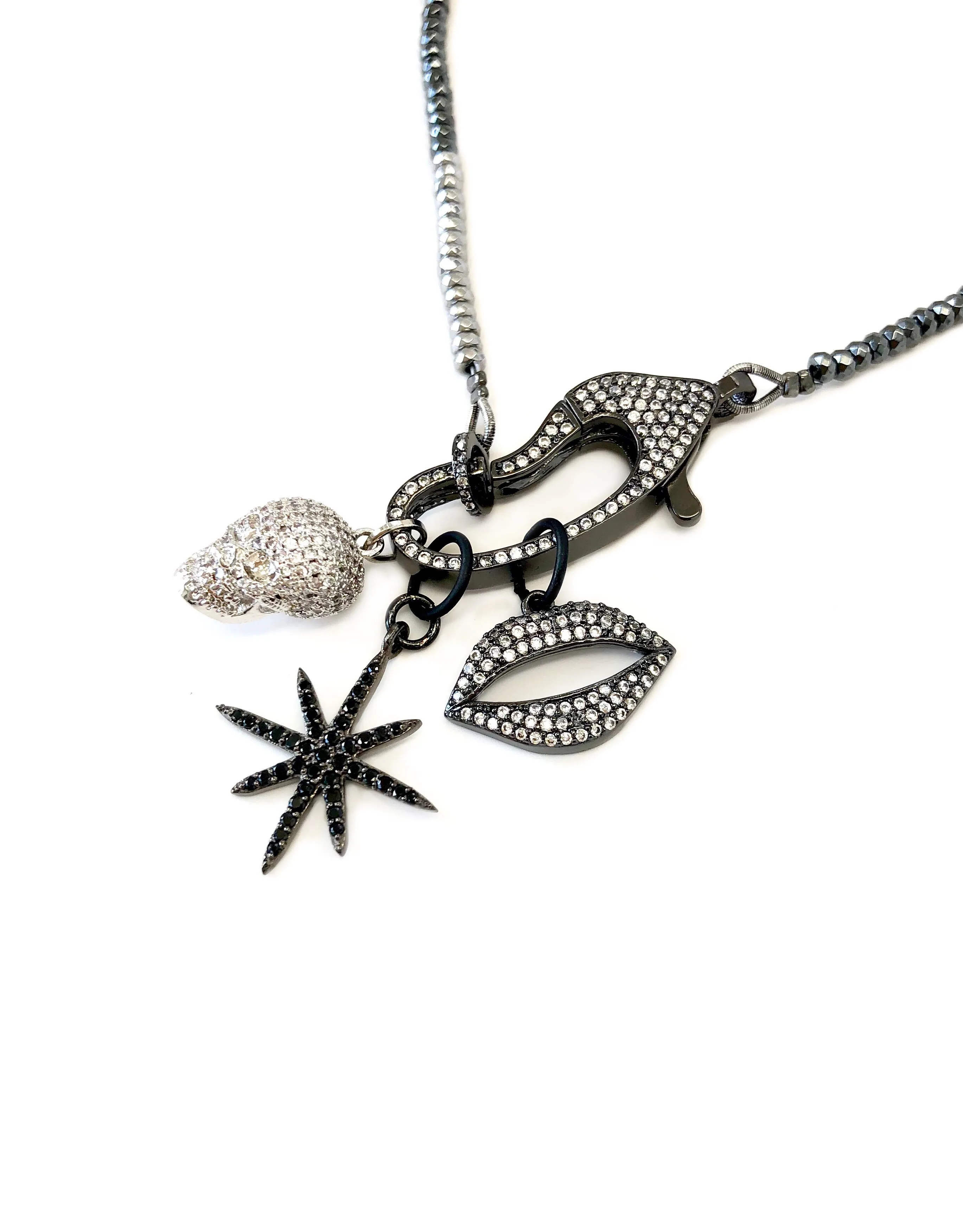 Hanging Charms & Pave Clasp on Hematite Necklace