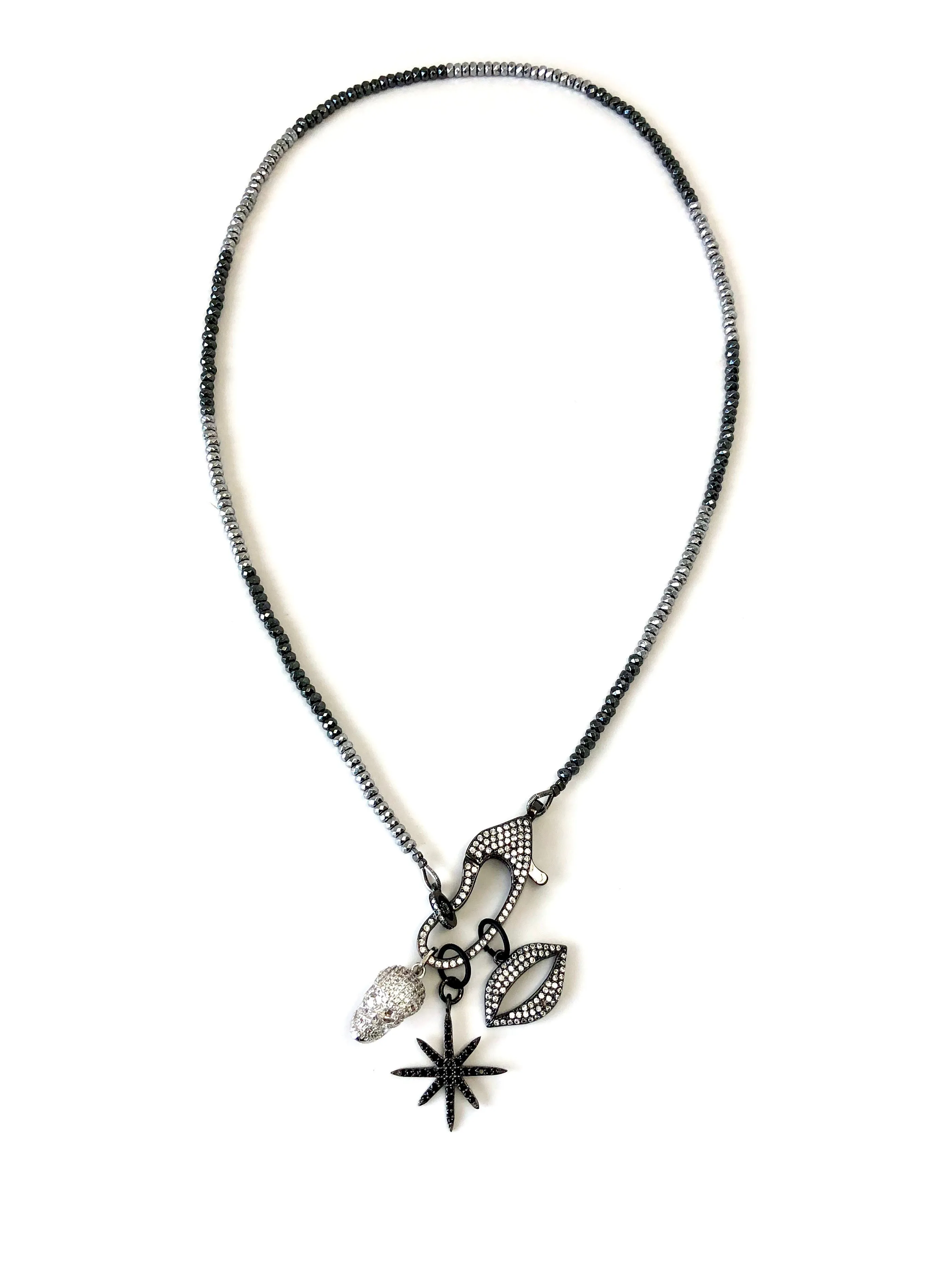 Hanging Charms & Pave Clasp on Hematite Necklace