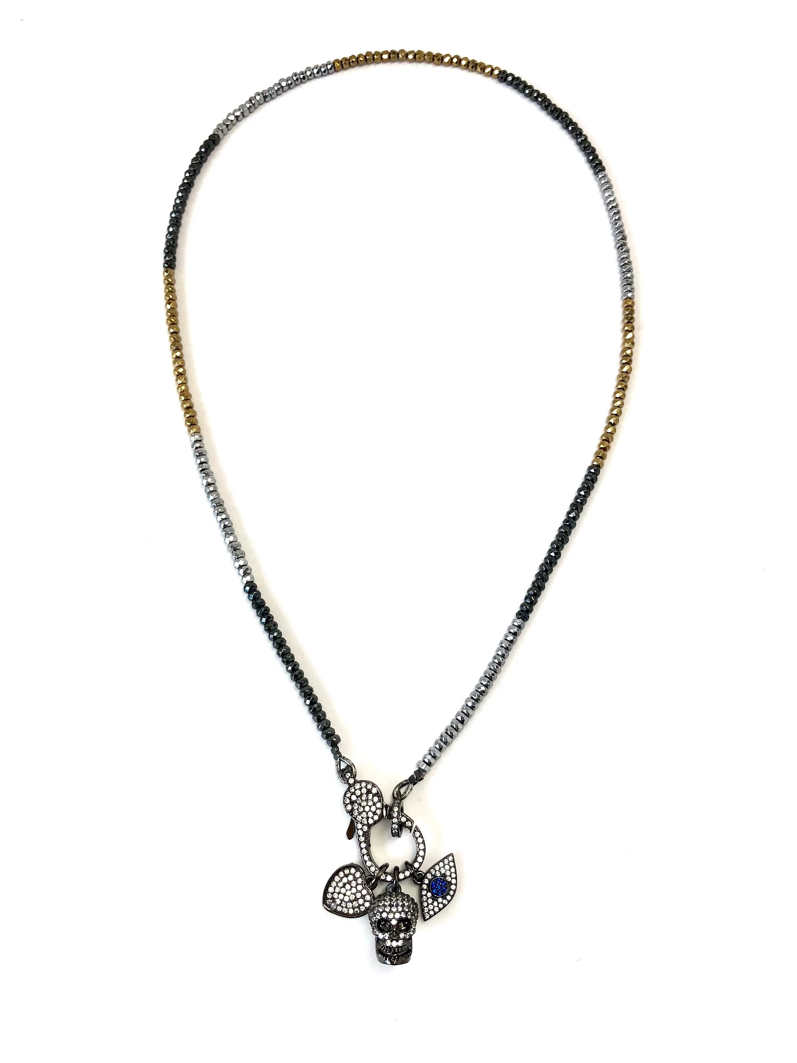 Hanging Charms & Pave Clasp on Hematite Necklace