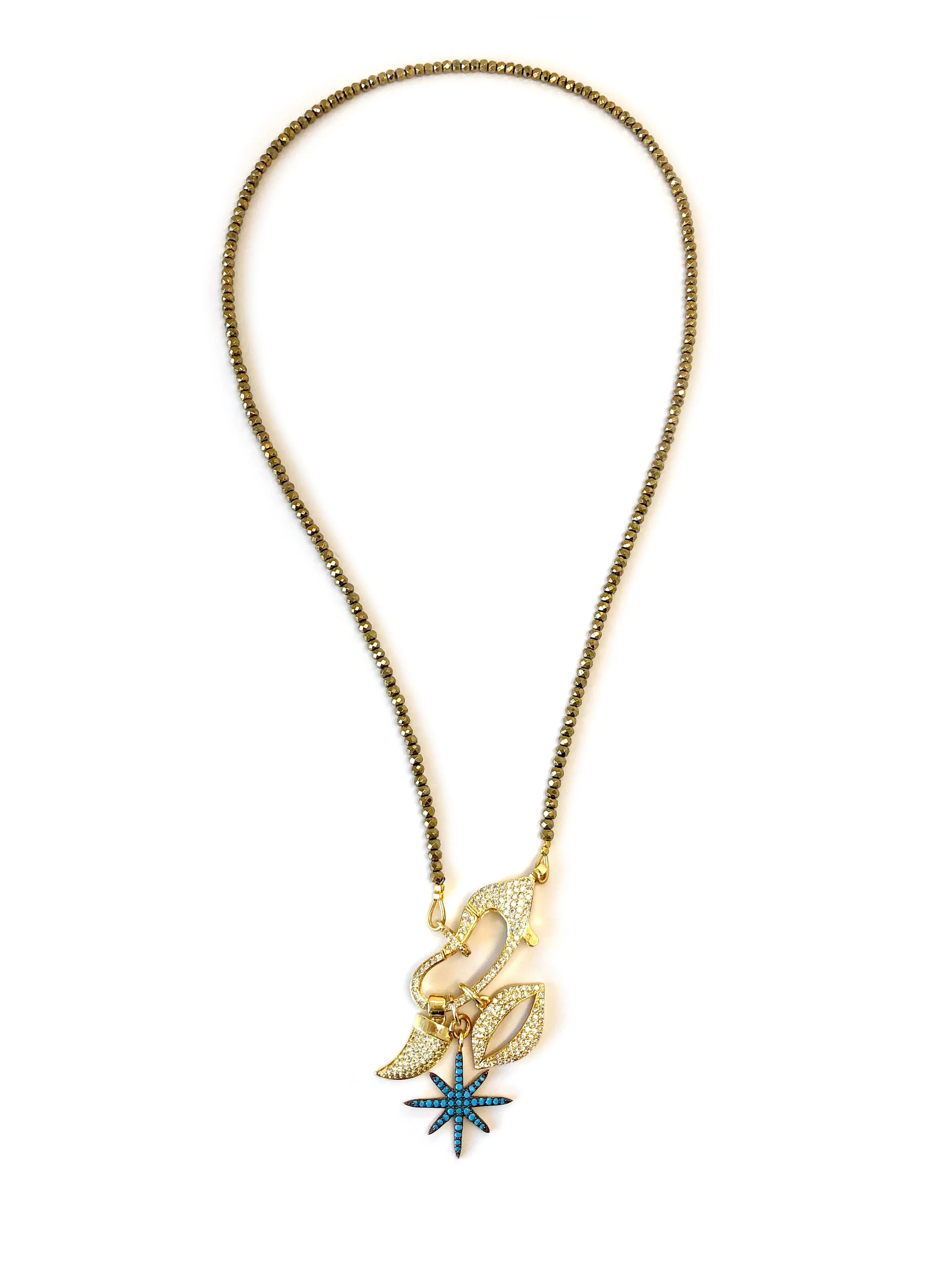 Hanging Charms & Pave Clasp on Hematite Necklace