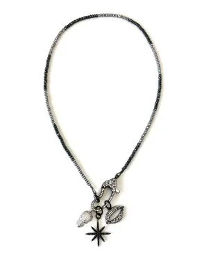 Hanging Charms & Pave Clasp on Hematite Necklace