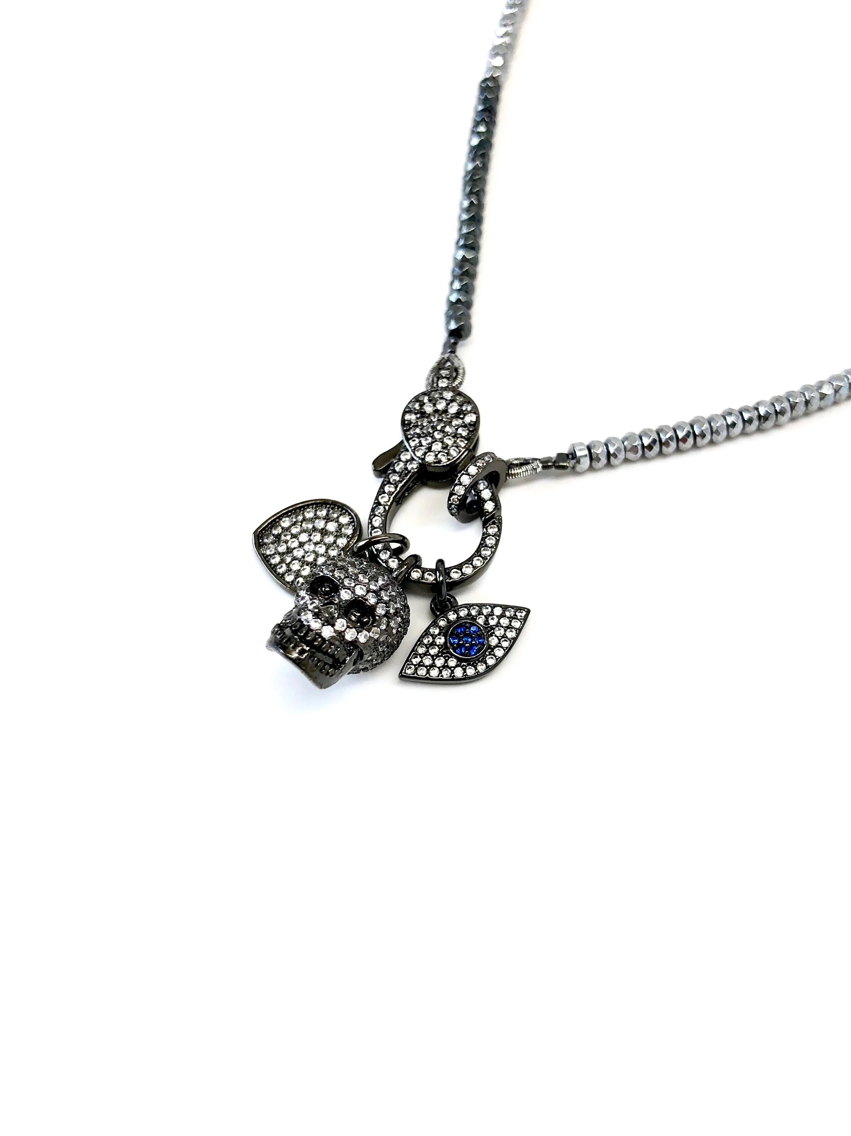 Hanging Charms & Pave Clasp on Hematite Necklace