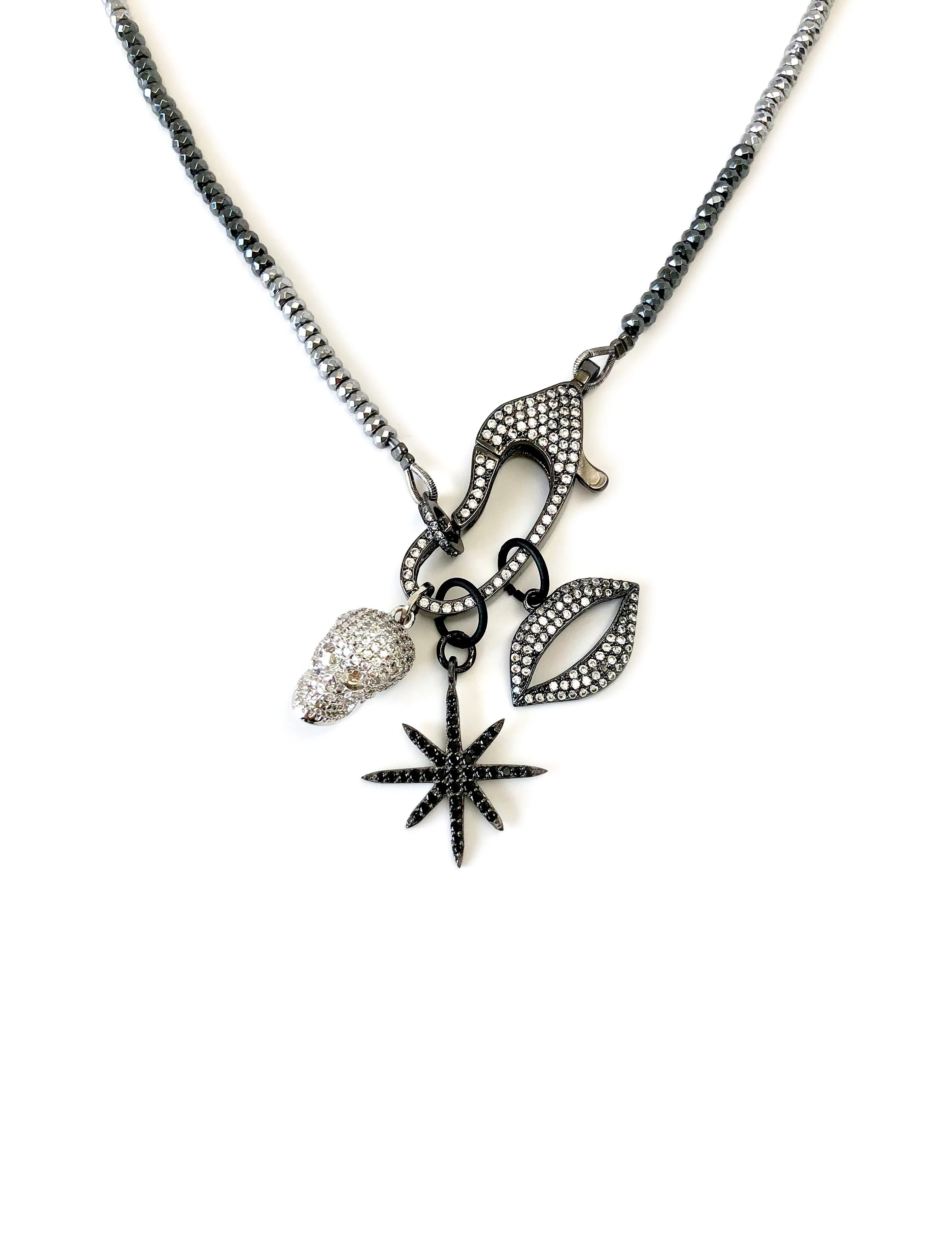 Hanging Charms & Pave Clasp on Hematite Necklace