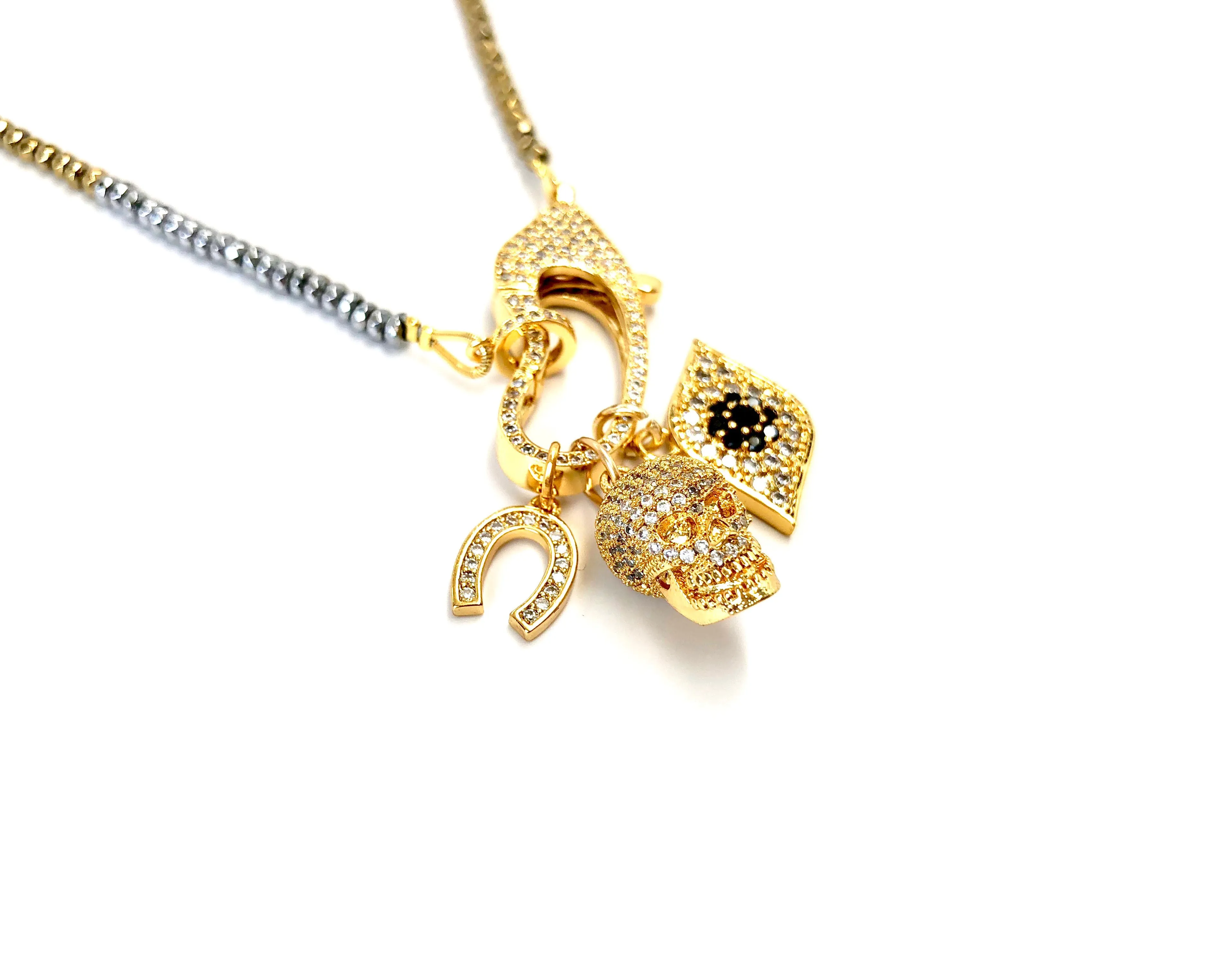 Hanging Charms & Pave Clasp on Hematite Necklace