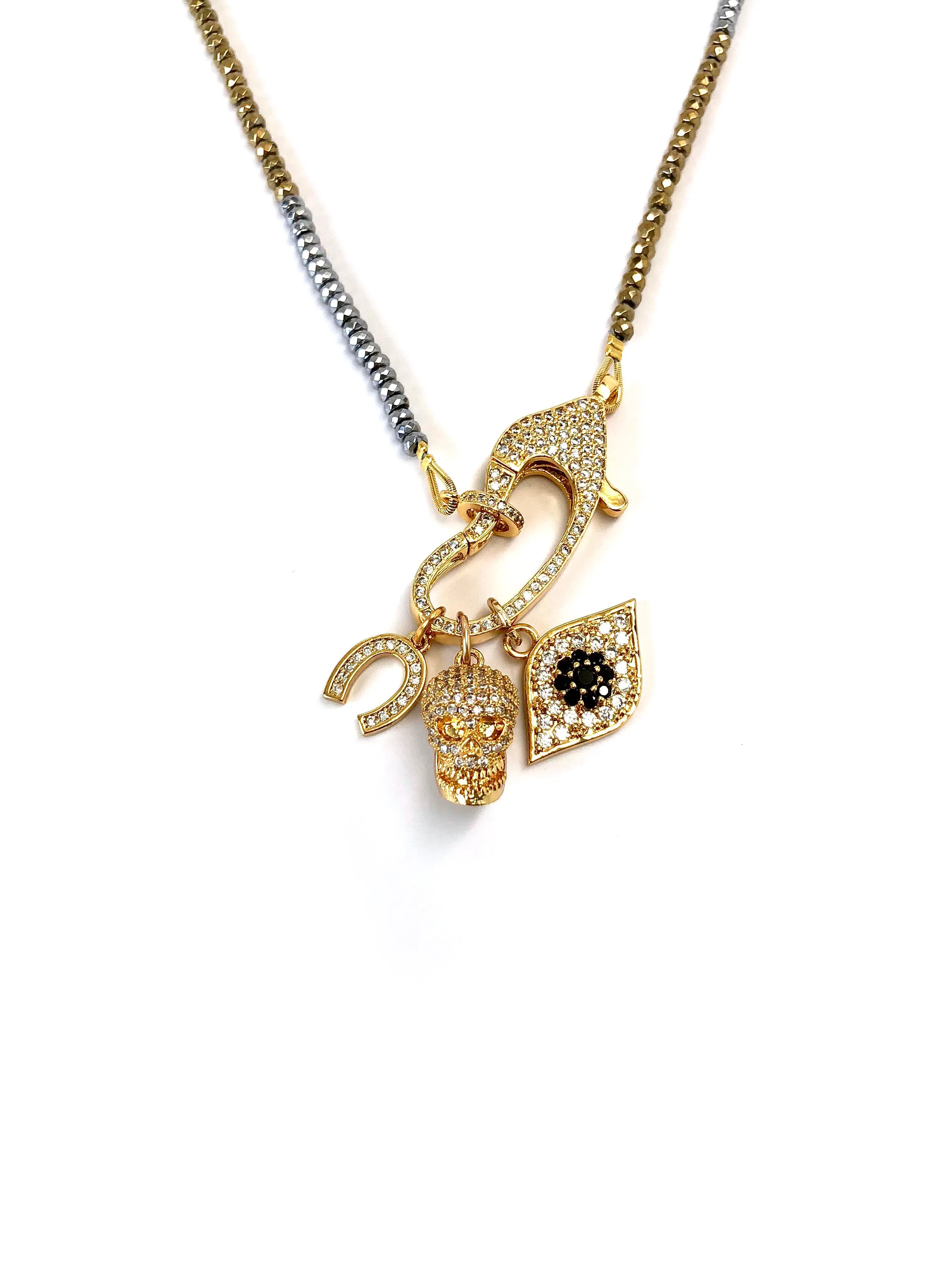 Hanging Charms & Pave Clasp on Hematite Necklace
