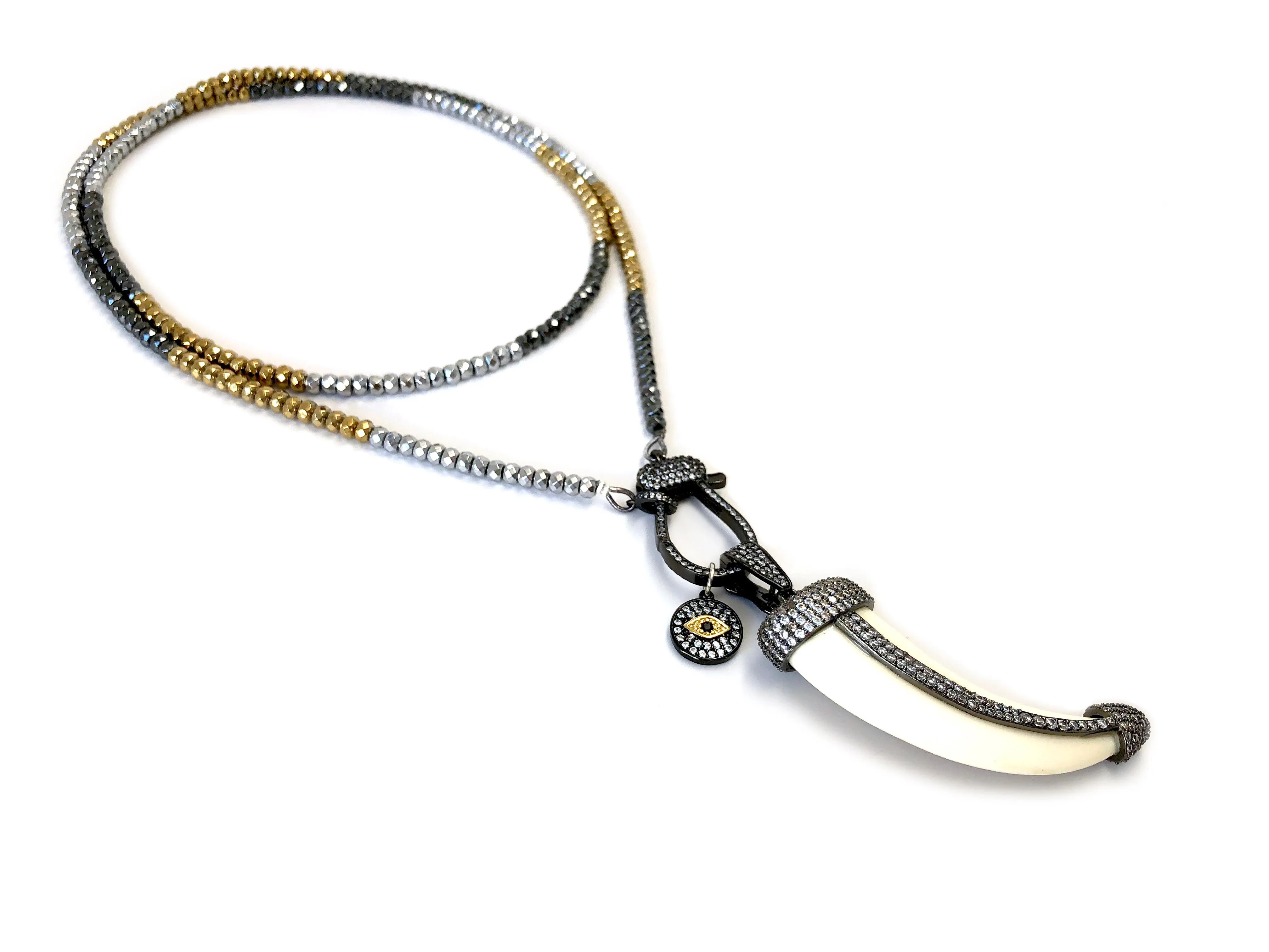 Hanging Horn & Charms with Pave Clasp on Long Hematite Necklace