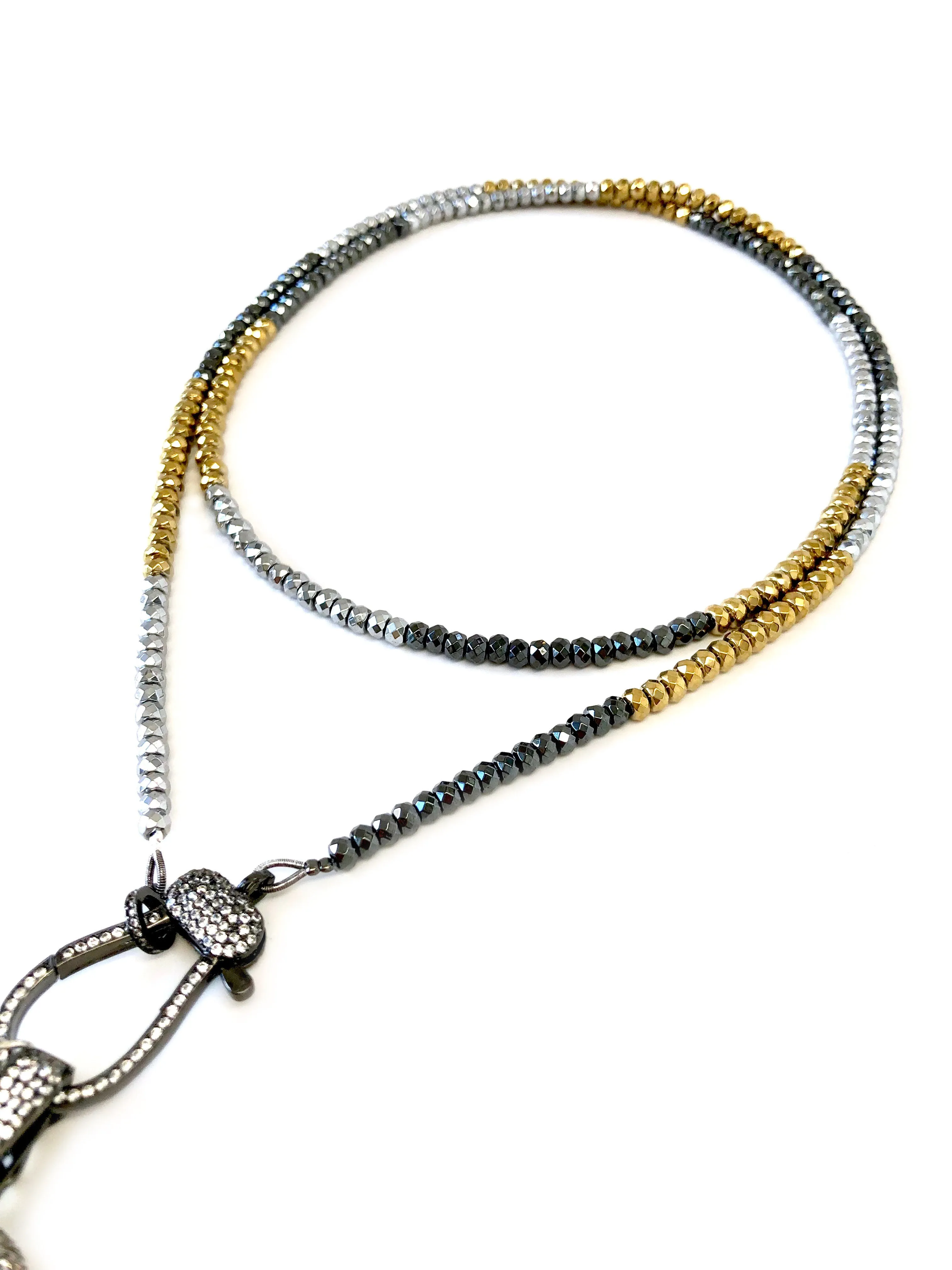 Hanging Horn & Charms with Pave Clasp on Long Hematite Necklace