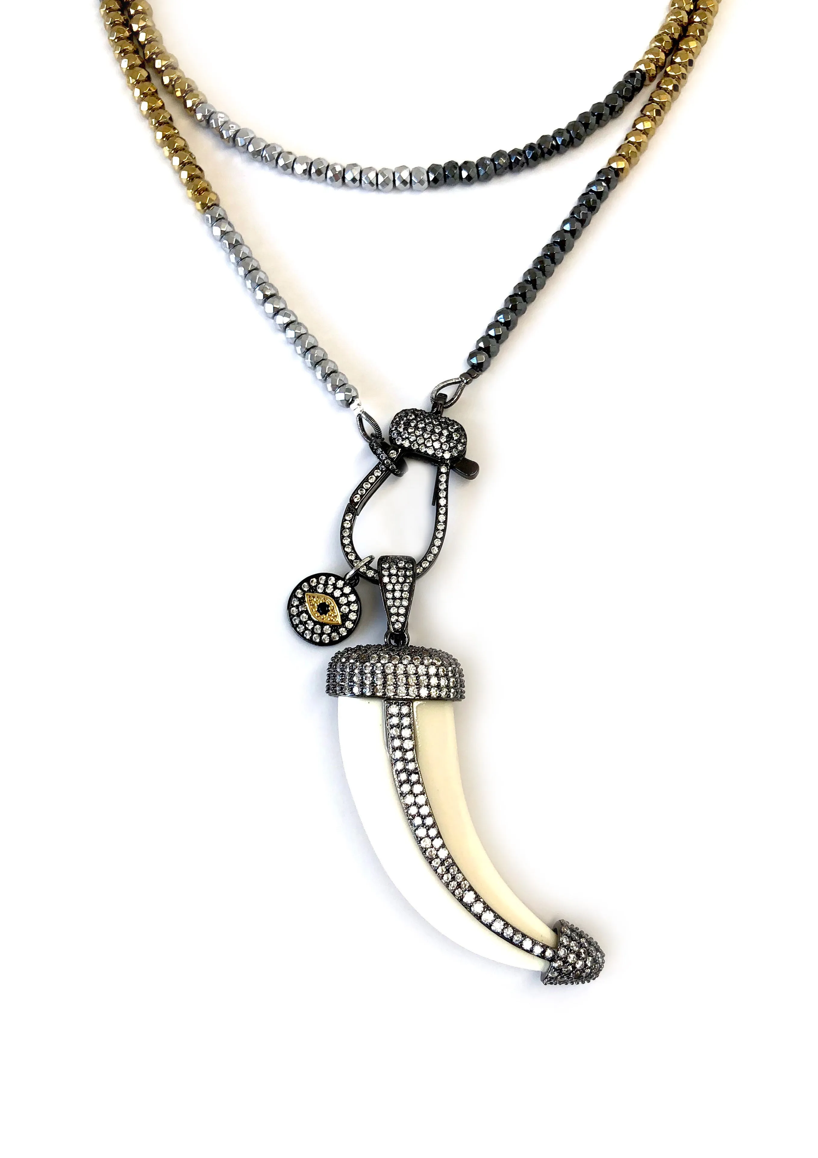 Hanging Horn & Charms with Pave Clasp on Long Hematite Necklace