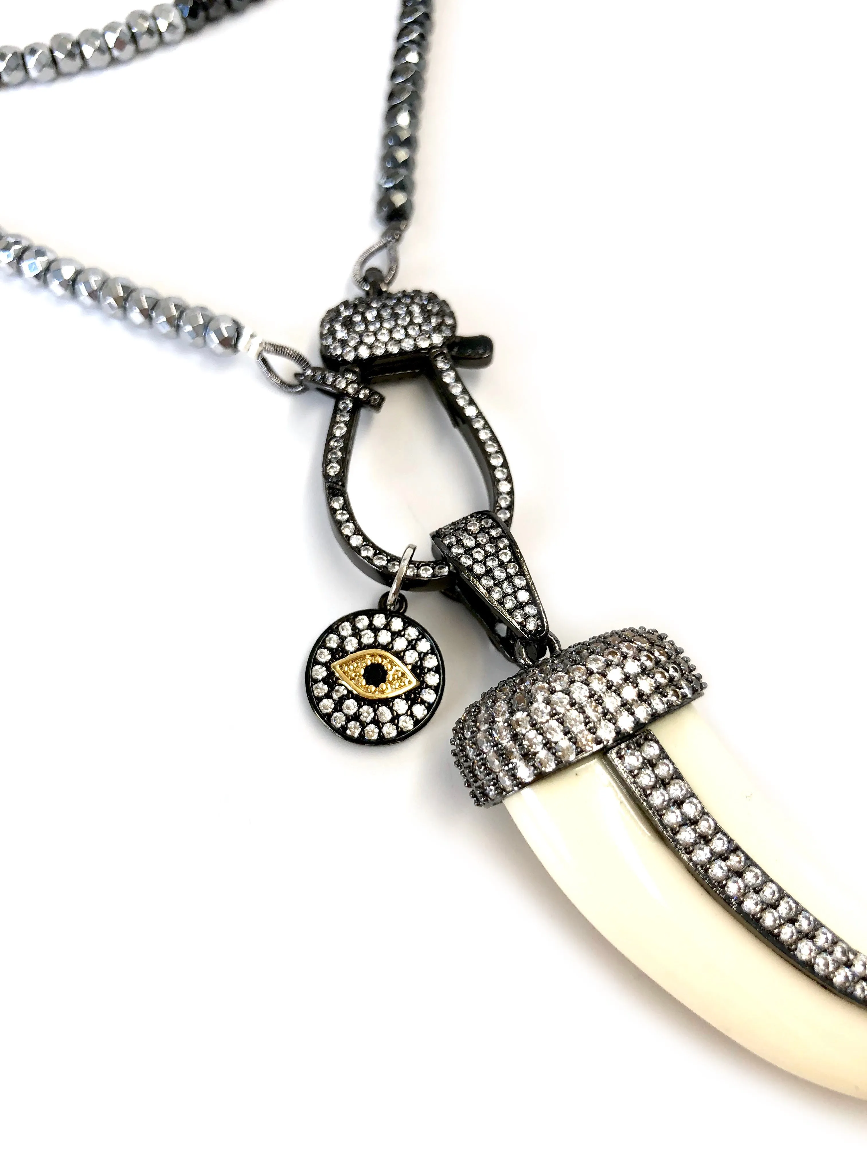 Hanging Horn & Charms with Pave Clasp on Long Hematite Necklace