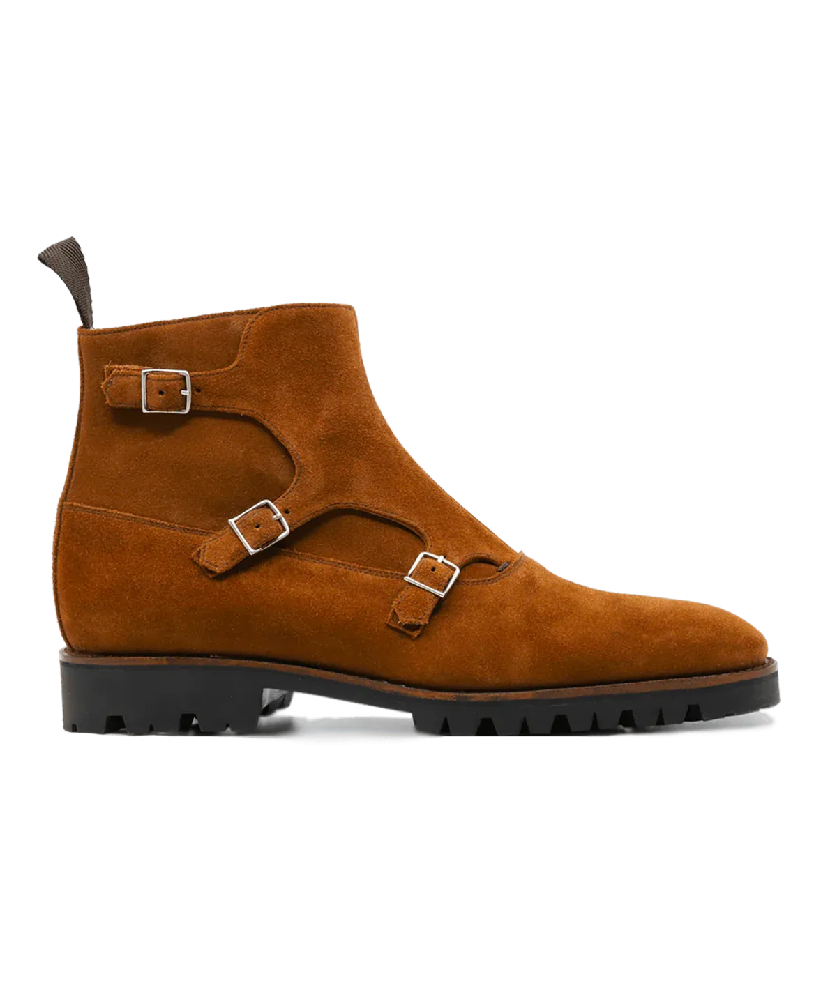 Hazelnut Suede Calf Leather Boots Triple Monk strap Chelsea Boots Shoes With with Chunky Track Sole - Boots - Monk