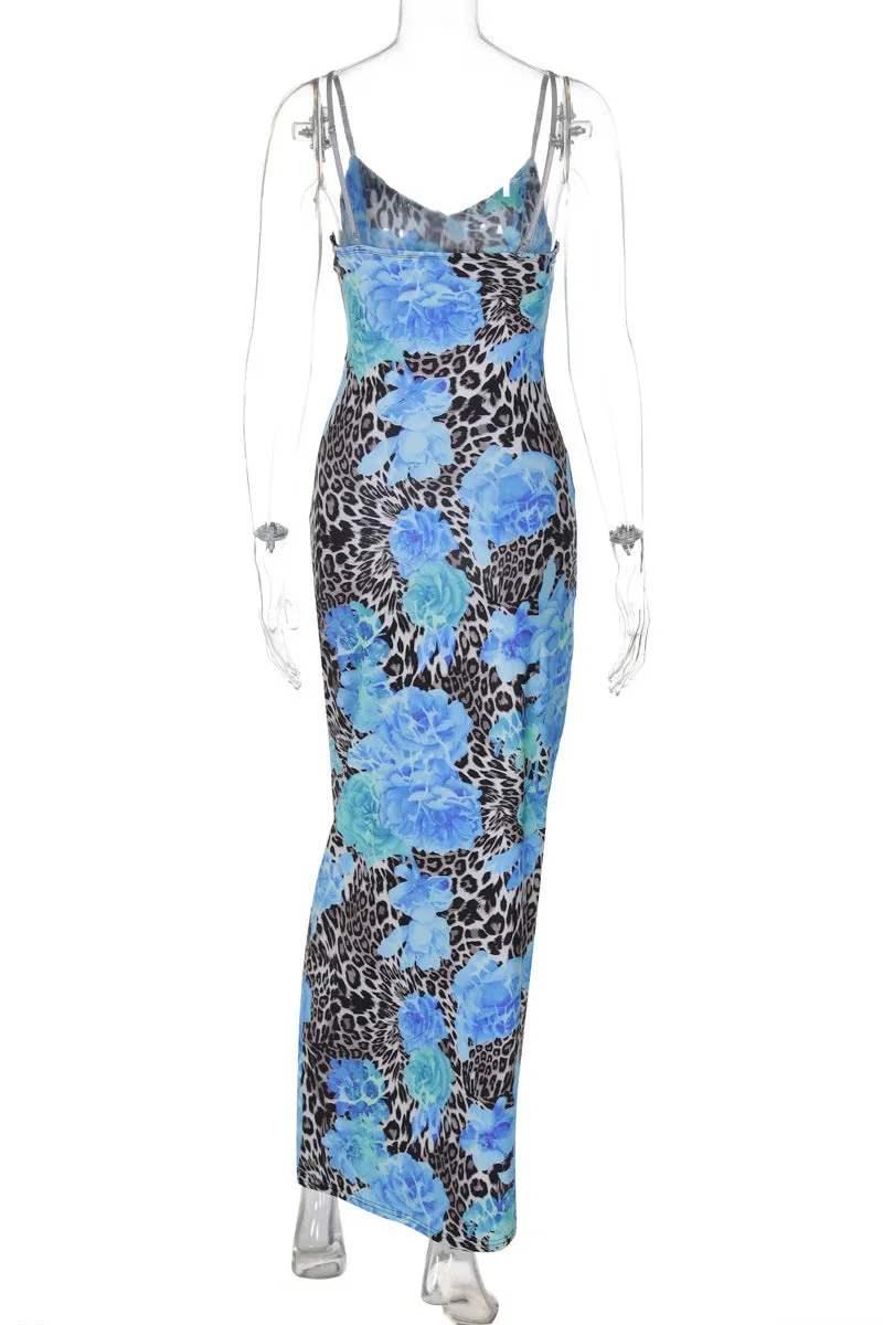 HBZ1128 Spaghetti Strap Leopard Floral Mesh Maxi Dress