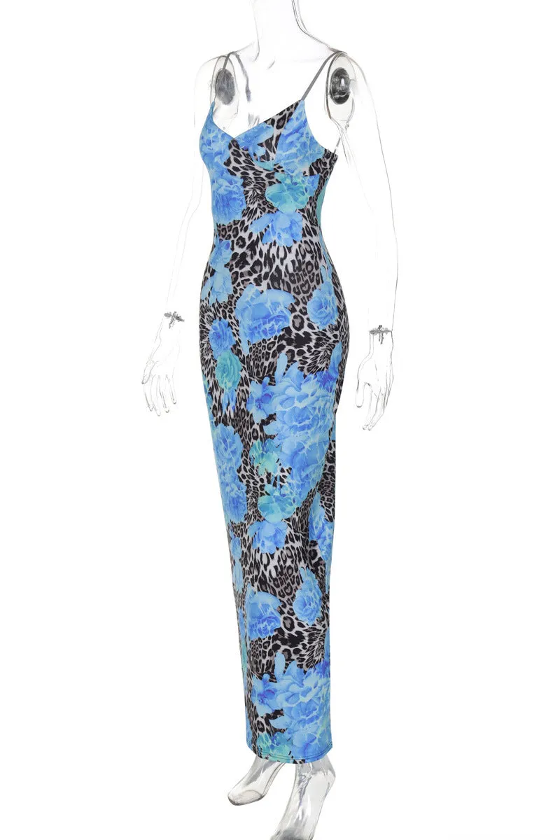 HBZ1128 Spaghetti Strap Leopard Floral Mesh Maxi Dress
