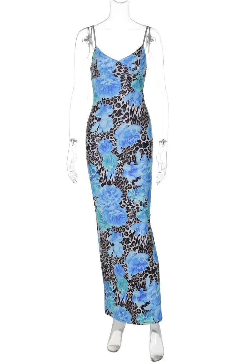 HBZ1128 Spaghetti Strap Leopard Floral Mesh Maxi Dress