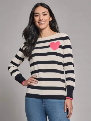 Heart Detail Stripe Boat Neck Sweater