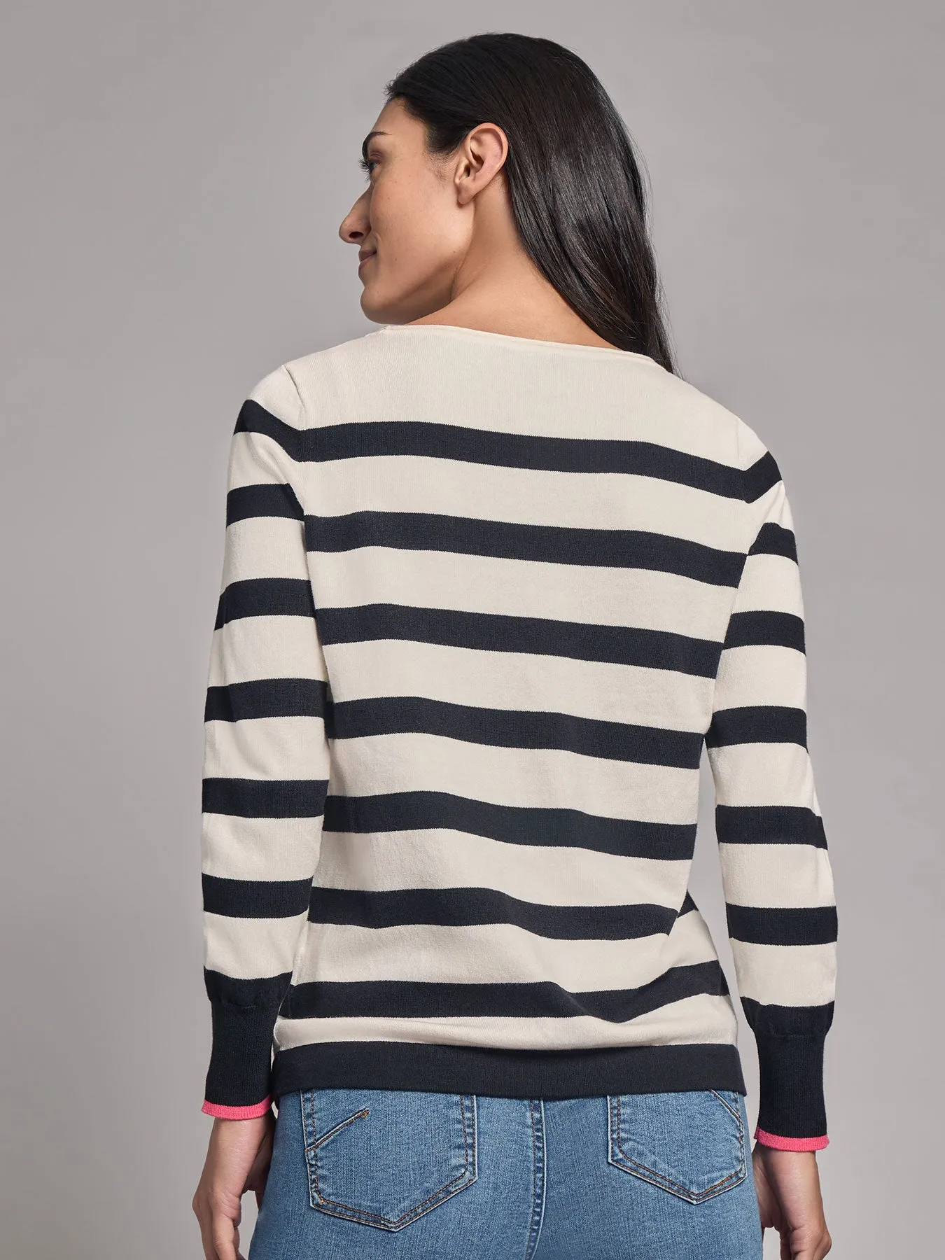 Heart Detail Stripe Boat Neck Sweater