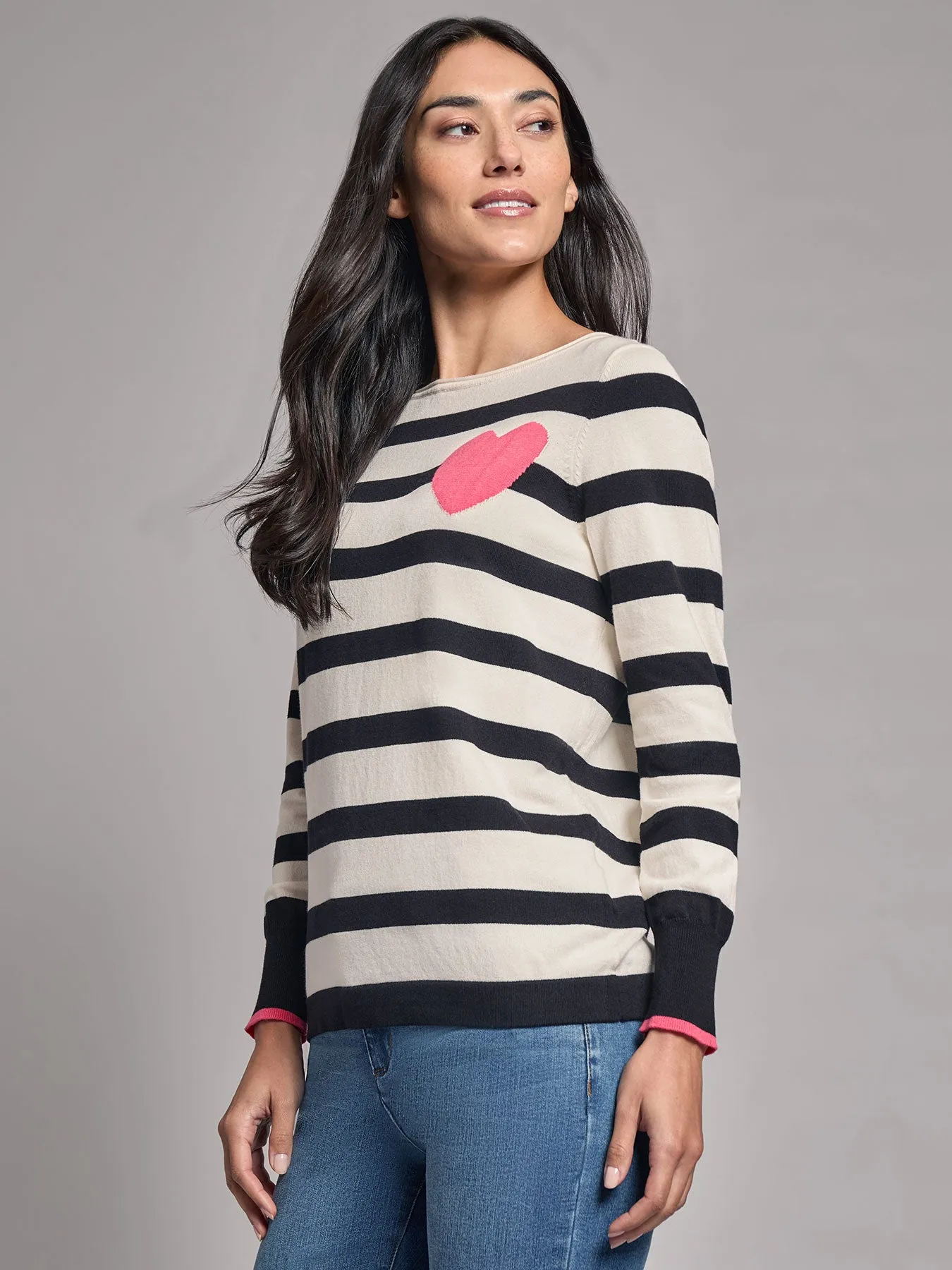 Heart Detail Stripe Boat Neck Sweater
