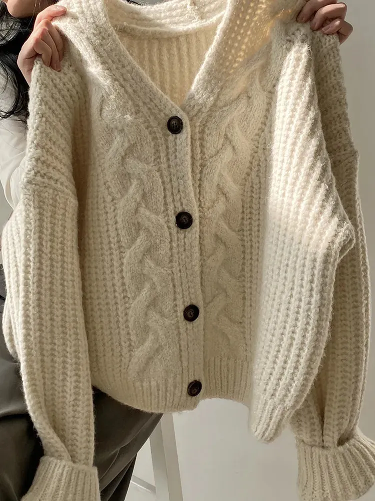 High Quality Vintage Solid Knit Cardigan for Women V-neck Single Breasted Casual Loose Thick Sweater
