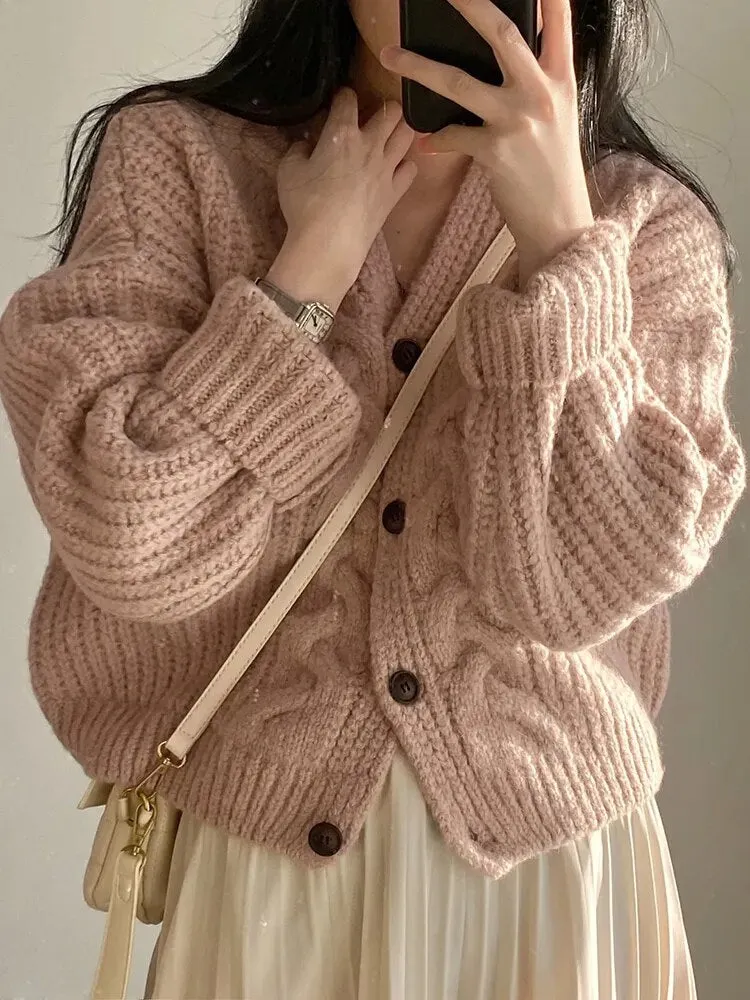 High Quality Vintage Solid Knit Cardigan for Women V-neck Single Breasted Casual Loose Thick Sweater