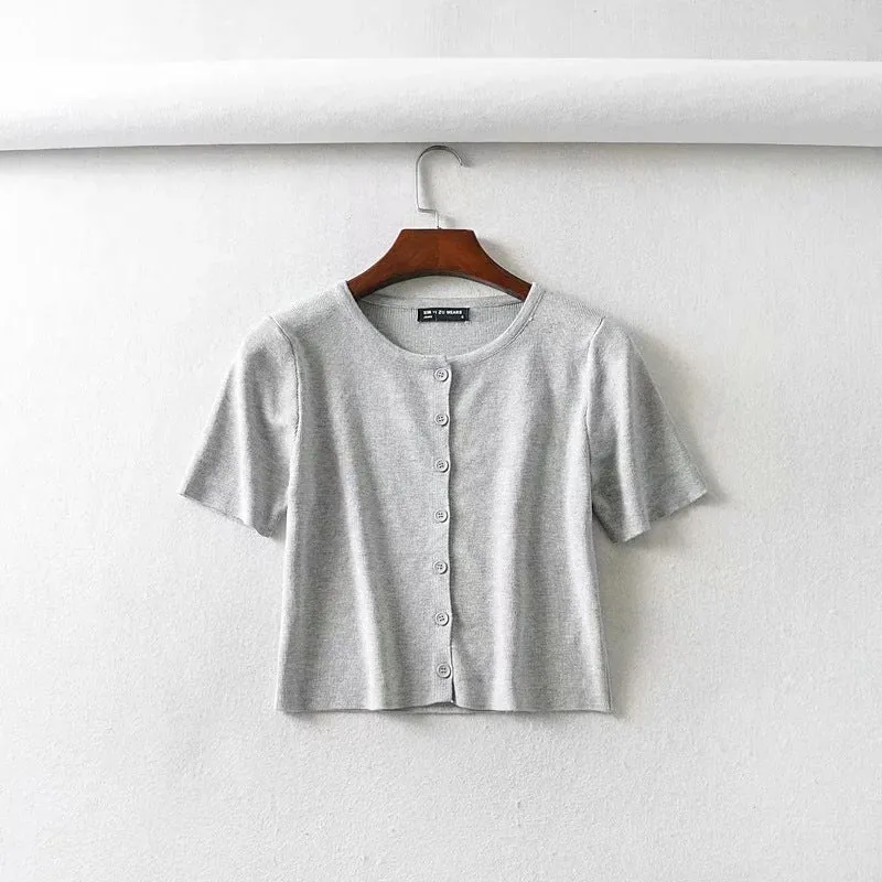 Ins net red BM women's single breasted short sleeve cardigan solid color versatile knitted short sleeve T-shirt