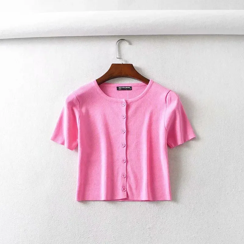 Ins net red BM women's single breasted short sleeve cardigan solid color versatile knitted short sleeve T-shirt