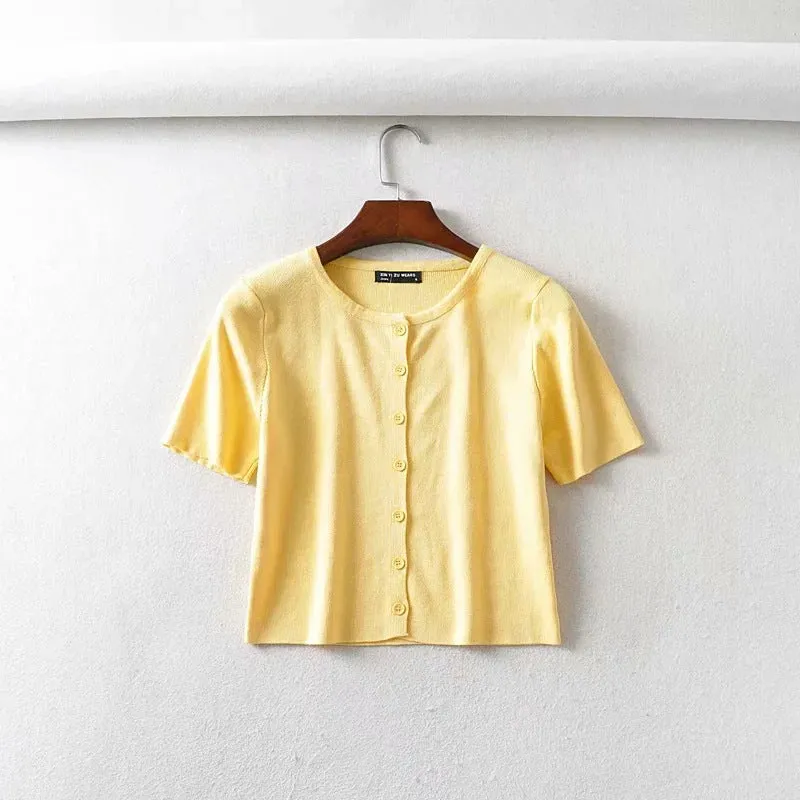 Ins net red BM women's single breasted short sleeve cardigan solid color versatile knitted short sleeve T-shirt