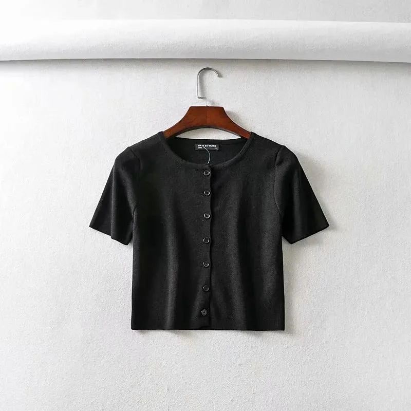 Ins net red BM women's single breasted short sleeve cardigan solid color versatile knitted short sleeve T-shirt
