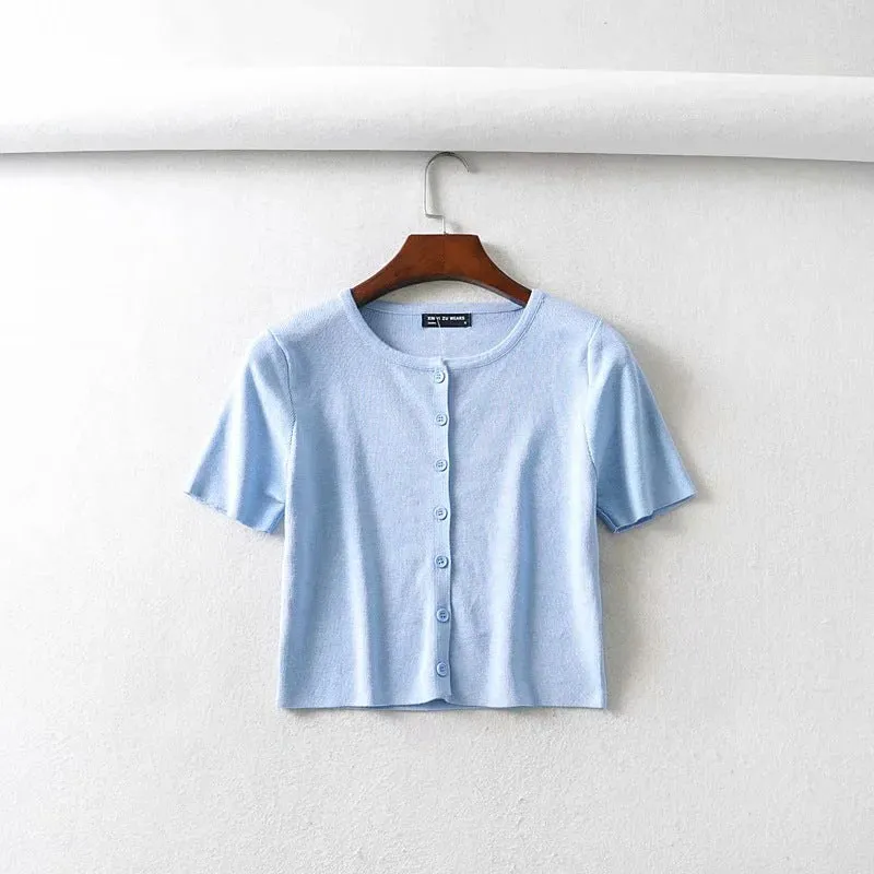 Ins net red BM women's single breasted short sleeve cardigan solid color versatile knitted short sleeve T-shirt