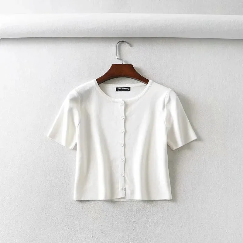 Ins net red BM women's single breasted short sleeve cardigan solid color versatile knitted short sleeve T-shirt