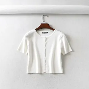 Ins net red BM women's single breasted short sleeve cardigan solid color versatile knitted short sleeve T-shirt