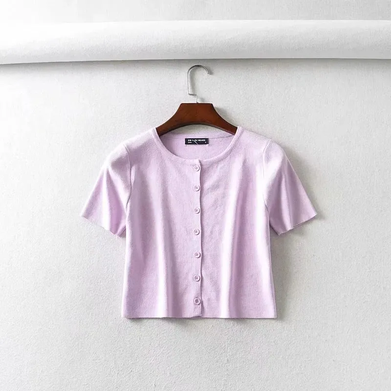Ins net red BM women's single breasted short sleeve cardigan solid color versatile knitted short sleeve T-shirt