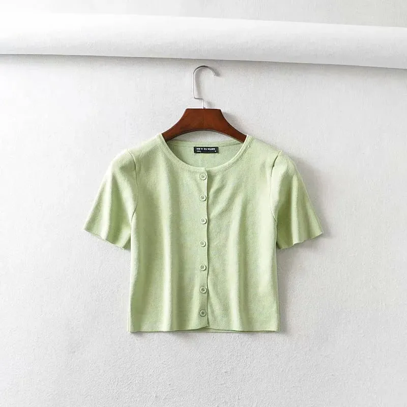 Ins net red BM women's single breasted short sleeve cardigan solid color versatile knitted short sleeve T-shirt