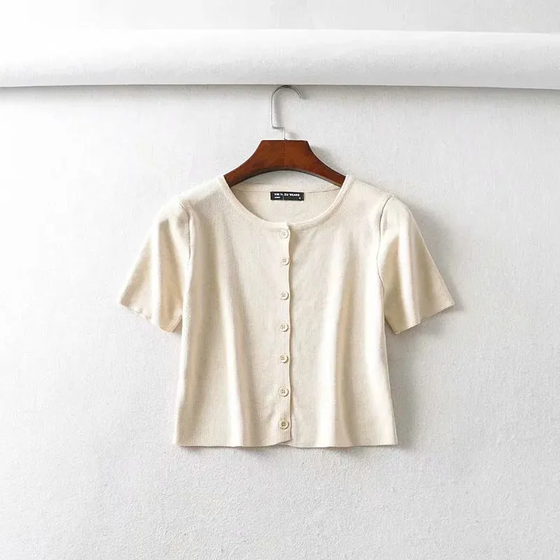 Ins net red BM women's single breasted short sleeve cardigan solid color versatile knitted short sleeve T-shirt