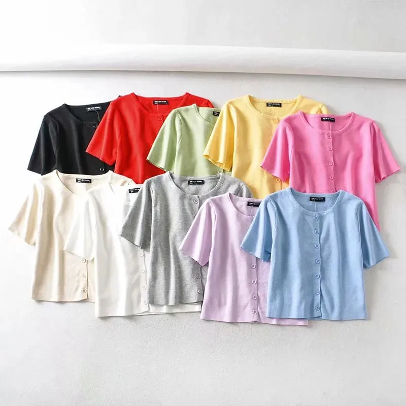 Ins net red BM women's single breasted short sleeve cardigan solid color versatile knitted short sleeve T-shirt