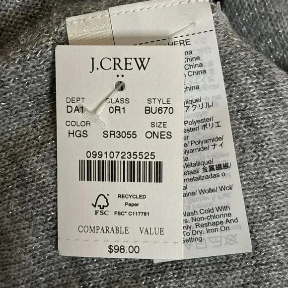 J. Crew Factory Shimmer Knit Women's Silver Metallic Wrap One Size NWT Holidays