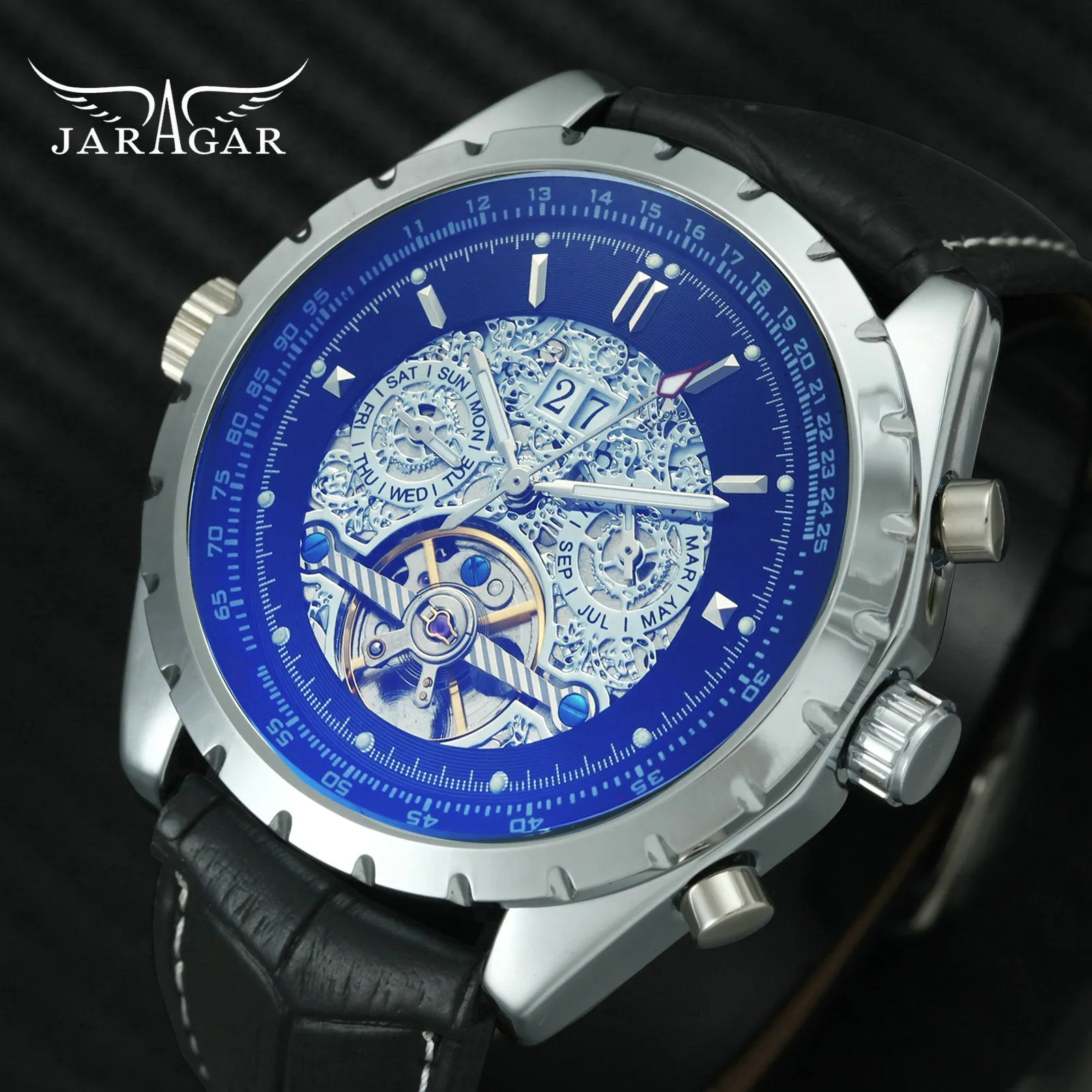 JARAGAR Tourbillon style Automatic Watch with date month Sub-dials. 48mm