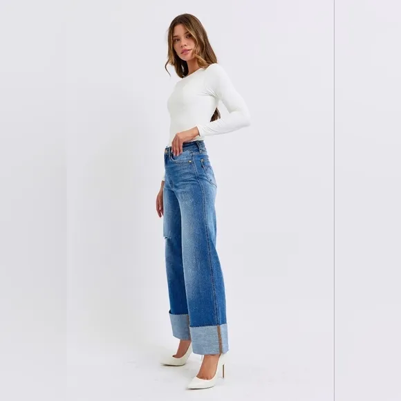 Judy Blue High Rise Medium Wash Cuffed Wide Leg Jeans Retro Regular Plus NEW
