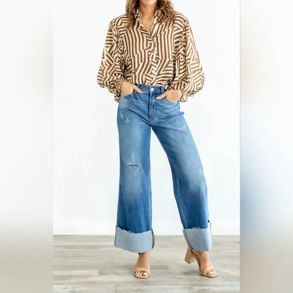 Judy Blue High Rise Medium Wash Cuffed Wide Leg Jeans Retro Regular Plus NEW