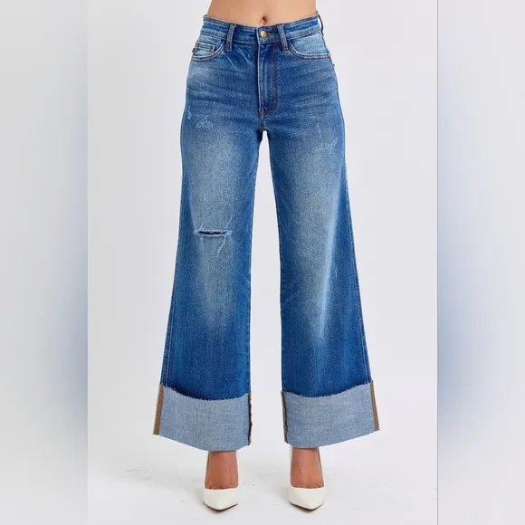 Judy Blue High Rise Medium Wash Cuffed Wide Leg Jeans Retro Regular Plus NEW