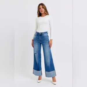 Judy Blue High Rise Medium Wash Cuffed Wide Leg Jeans Retro Regular Plus NEW
