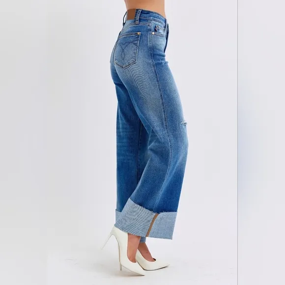 Judy Blue High Rise Medium Wash Cuffed Wide Leg Jeans Retro Regular Plus NEW