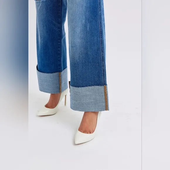 Judy Blue High Rise Medium Wash Cuffed Wide Leg Jeans Retro Regular Plus NEW