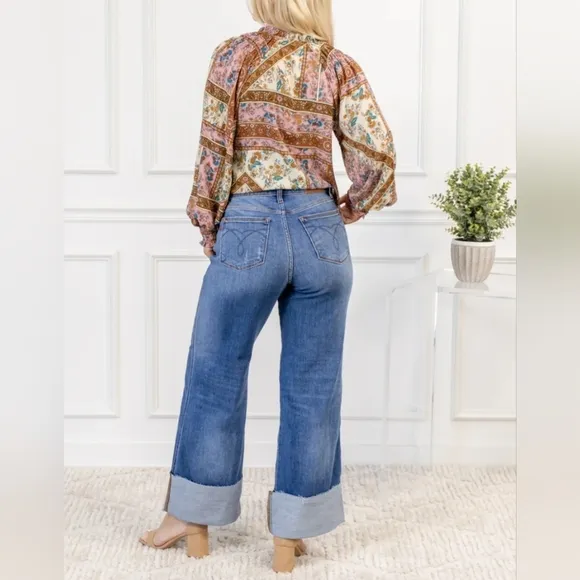 Judy Blue High Rise Medium Wash Cuffed Wide Leg Jeans Retro Regular Plus NEW