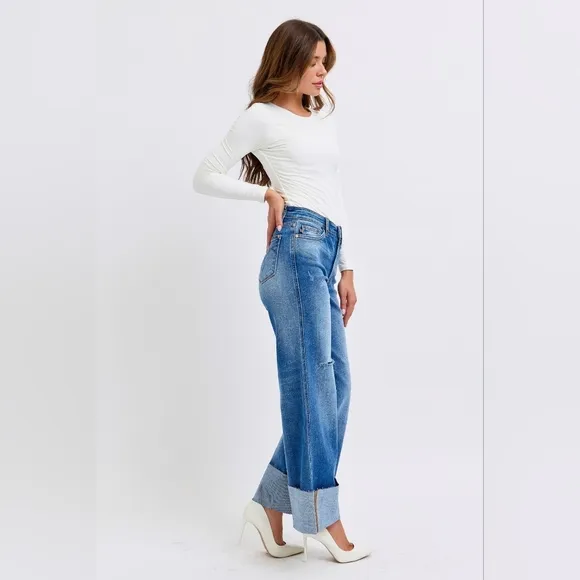 Judy Blue High Rise Medium Wash Cuffed Wide Leg Jeans Retro Regular Plus NEW