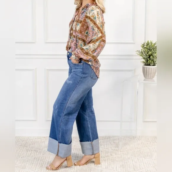 Judy Blue High Rise Medium Wash Cuffed Wide Leg Jeans Retro Regular Plus NEW