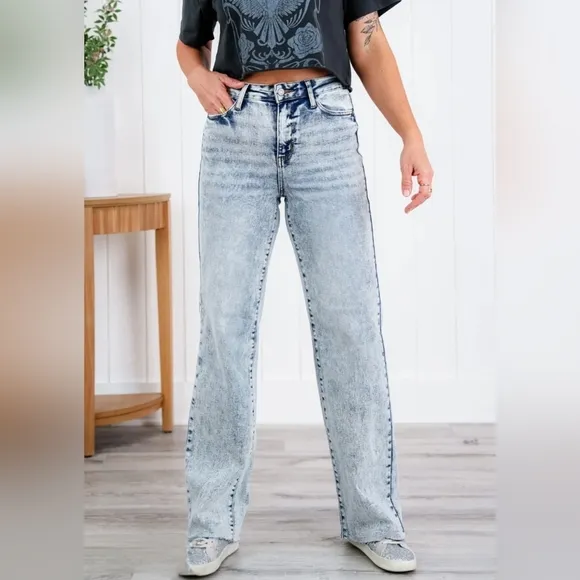 Judy Blue High Rise Mineral Acid Wash Raw Hem Wide Leg Jeans 11/30 Stretch