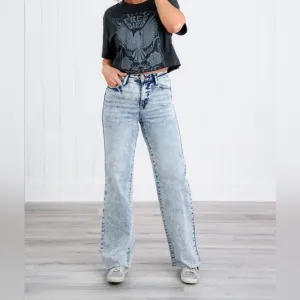 Judy Blue High Rise Mineral Acid Wash Raw Hem Wide Leg Jeans 11/30 Stretch
