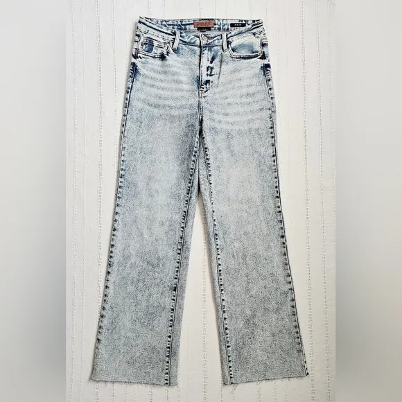 Judy Blue High Rise Mineral Acid Wash Raw Hem Wide Leg Jeans 11/30 Stretch