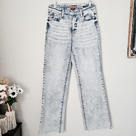 Judy Blue High Rise Mineral Acid Wash Raw Hem Wide Leg Jeans 11/30 Stretch