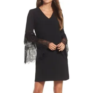 Kobi Halperin Women's Black Suki V-Neck Long Lace Bell Sleeve Shift Dress Size M